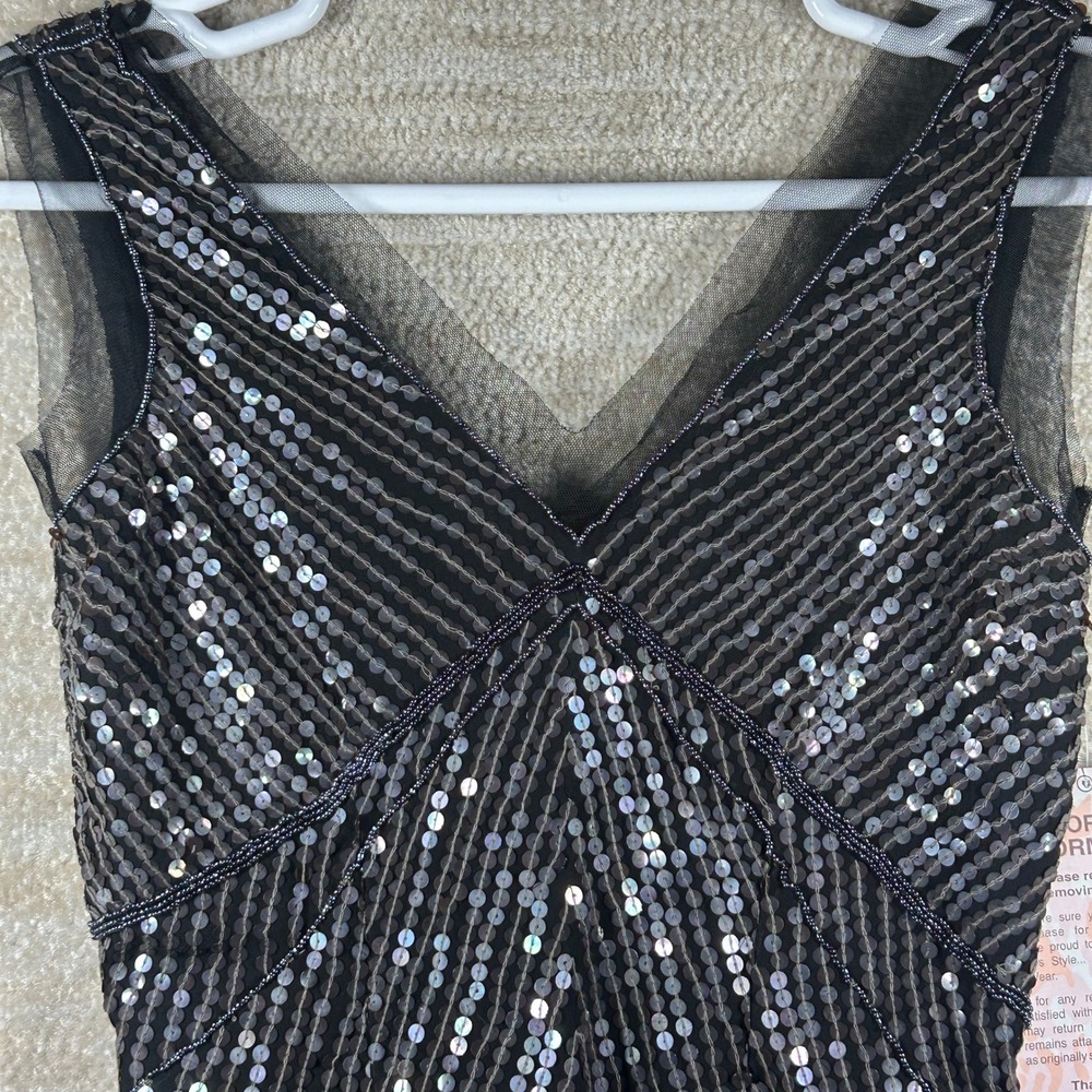 Newport News Women Y2K Glam Sequin Mesh V-Neck Mini Party Dress Black Size 4 NWT